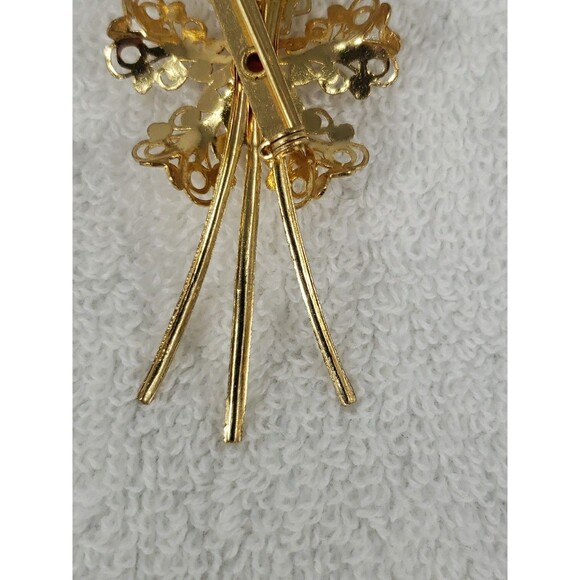 Vintage Gold Filigree Flower Pin Brooch Red Faux Ruby Stones Beautiful 3.5" - Picture 13 of 14